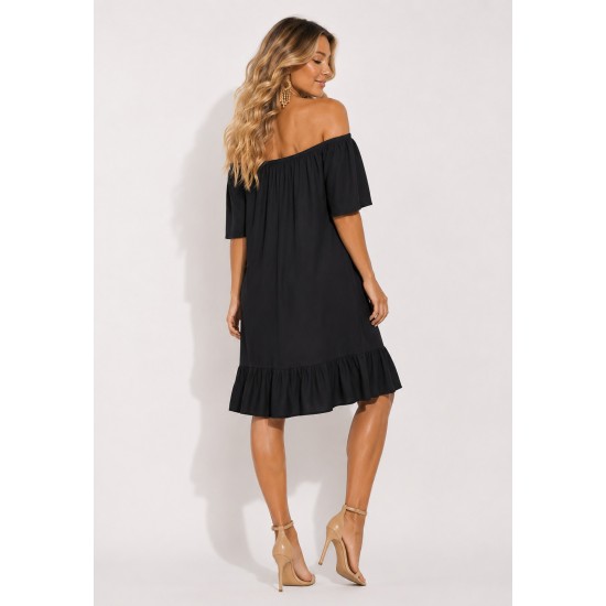 Vestido Curto Mullet Ombro a Ombro Amplo Preto
