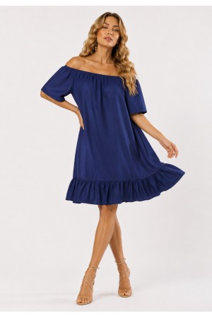 Vestido Curto Mullet Ombro a Ombro Amplo Azul Marinho