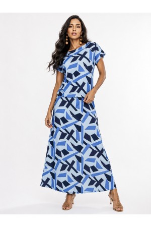 Vestido Longo Morcego Malha Estampa Caminhos de Azul