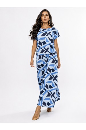 Vestido Longo Morcego Malha Estampa Caminhos de Azul