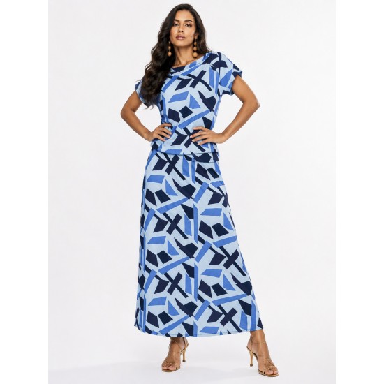 Vestido Longo Morcego Malha Estampa Caminhos de Azul