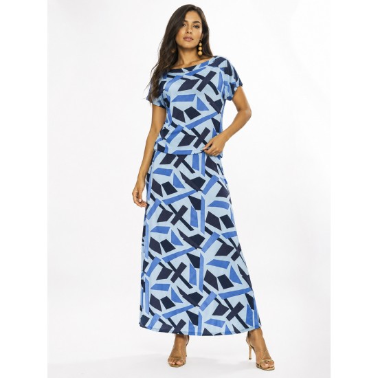 Vestido Longo Morcego Malha Estampa Caminhos de Azul
