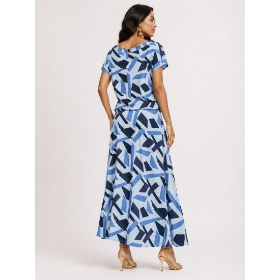 Vestido Longo Morcego Malha Estampa Caminhos de Azul