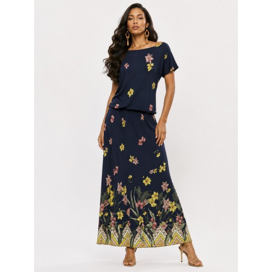 Vestido Longo Morcego Malha Floresce Azul