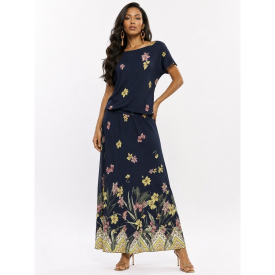 Vestido Longo Morcego Malha Floresce Azul