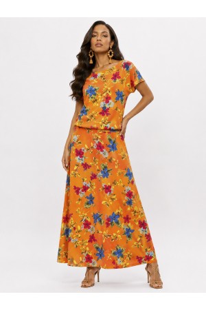 Vestido Longo Morcego Malha Estampa Laranja Floral