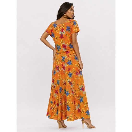 Vestido Longo Morcego Malha Estampa Laranja Floral