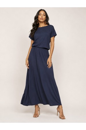 Vestido Longo Morcego Malha Azul Marinho