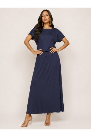 Vestido Longo Morcego Malha Azul Marinho