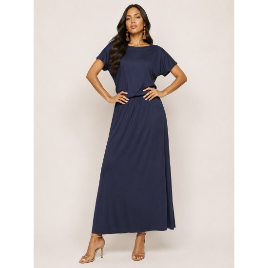 Vestido Longo Morcego Malha Azul Marinho