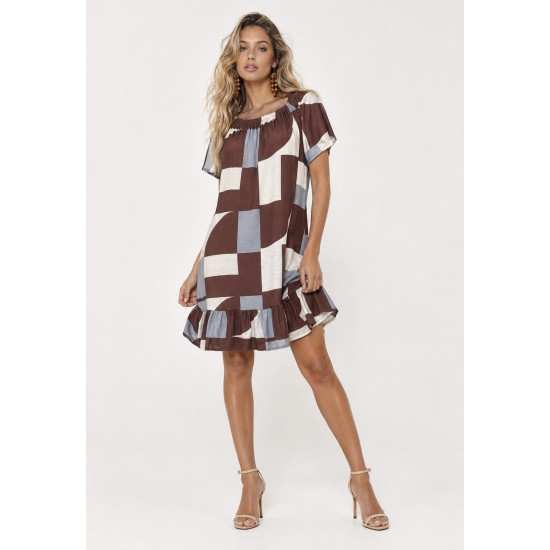 Vestido Curto Yanomami Malha Mullet Ombro a Ombro Amplo Estampa Santa Rosa do Tocantins