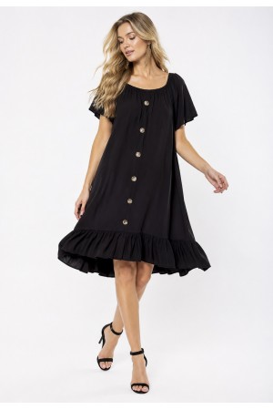 Vestido Curto Viscose Mullet com Botão Ombro a Ombro Amplo Preto