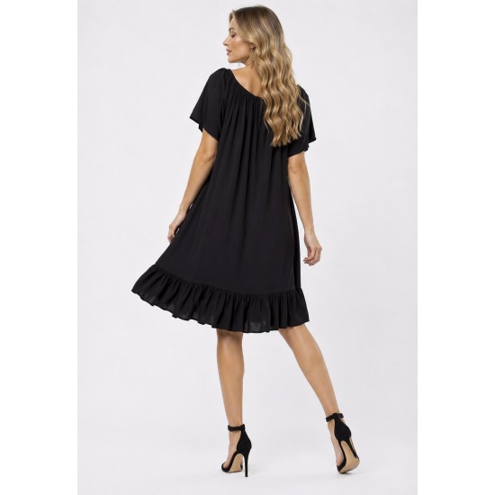 Vestido Curto Viscose Mullet com Botão Ombro a Ombro Amplo Preto