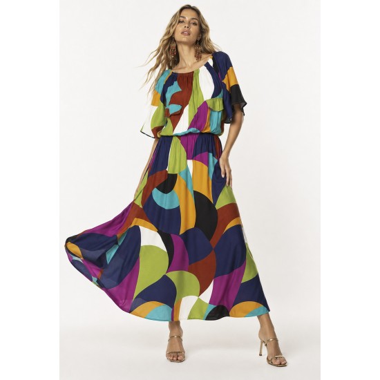 Vestido Midi Viscose Ciganinha com Lapela Estampa Jardim Azul