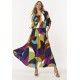 Vestido Midi Viscose Ciganinha com Lapela Estampa Jardim Azul