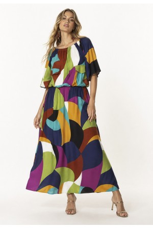 Vestido Midi Viscose Ciganinha com Lapela Estampa Jardim Azul
