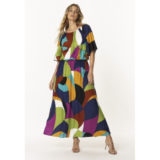 Vestido Midi Viscose Ciganinha com Lapela Estampa Jardim Azul