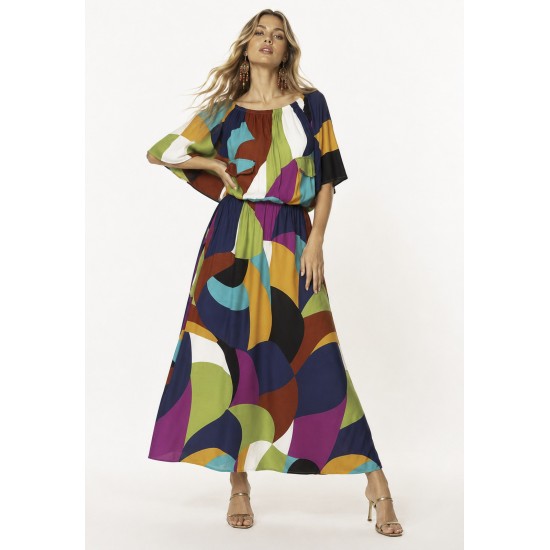 Vestido Midi Viscose Ciganinha com Lapela Estampa Jardim Azul