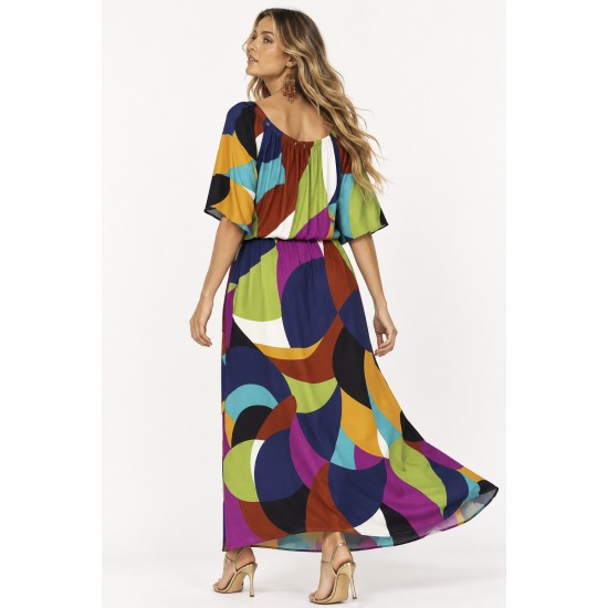 Vestido Midi Viscose Ciganinha com Lapela Estampa Jardim Azul