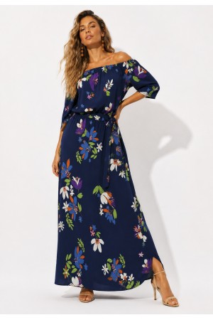 Vestido Midi Viscose Ciganinha com Lapela Estampa Festa das Flores Azul