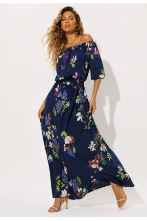 Vestido Midi Viscose Ciganinha com Lapela Estampa Festa das Flores Azul