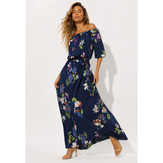 Vestido Midi Viscose Ciganinha com Lapela Estampa Festa das Flores Azul