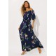 Vestido Midi Viscose Ciganinha com Lapela Estampa Festa das Flores Azul