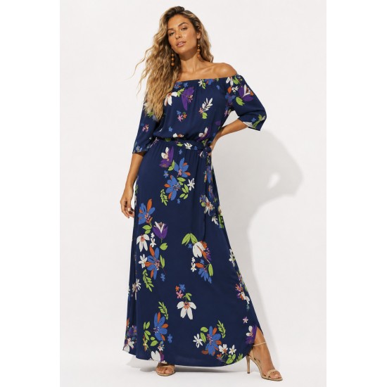 Vestido Midi Viscose Ciganinha com Lapela Estampa Festa das Flores Azul