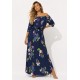 Vestido Midi Viscose Ciganinha com Lapela Estampa Festa das Flores Azul
