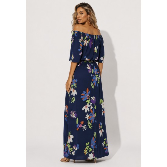 Vestido Midi Viscose Ciganinha com Lapela Estampa Festa das Flores Azul