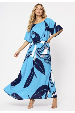 Vestido Midi Viscose Ciganinha com Lapela Estampa Imbé Blue
