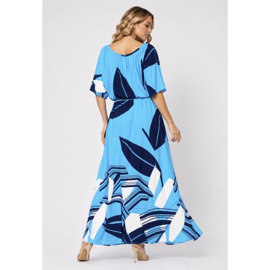 Vestido Midi Viscose Ciganinha com Lapela Estampa Imbé Blue