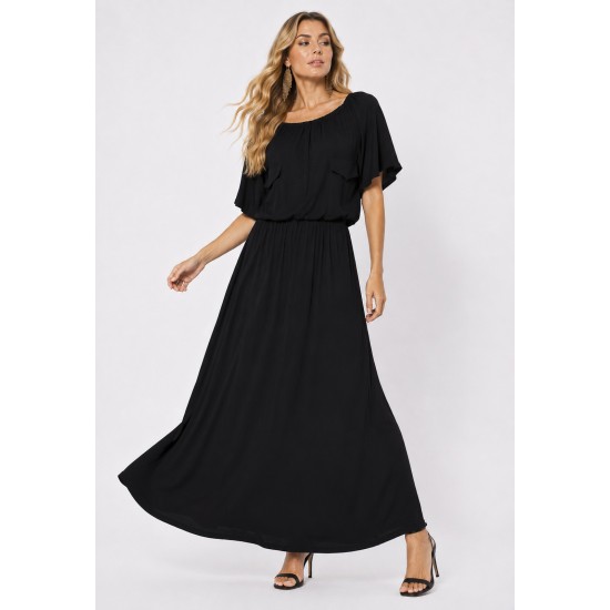 Vestido Midi Viscose Ciganinha com Lapela Preto