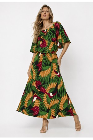 Vestido Midi Viscose Ciganinha com Lapela Estampa Festa dos Tucanos