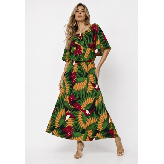 Vestido Midi Viscose Ciganinha com Lapela Estampa Festa dos Tucanos