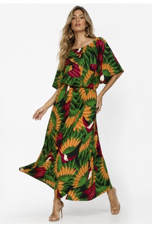 Vestido Midi Viscose Ciganinha com Lapela Estampa Festa dos Tucanos
