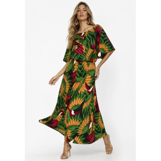 Vestido Midi Viscose Ciganinha com Lapela Estampa Festa dos Tucanos