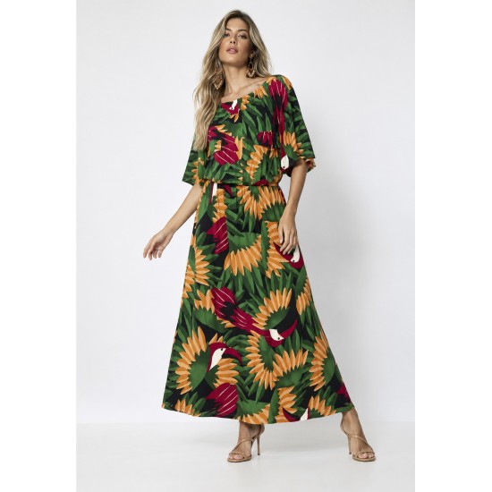 Vestido Midi Viscose Ciganinha com Lapela Estampa Festa dos Tucanos