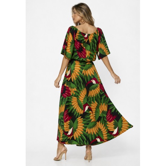 Vestido Midi Viscose Ciganinha com Lapela Estampa Festa dos Tucanos