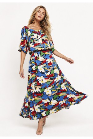 Vestido Midi Viscose Ciganinha com Lapela Estampa Floresce
