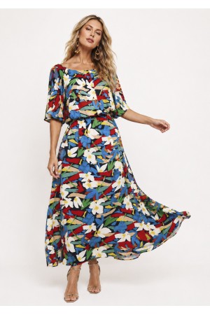 Vestido Midi Viscose Ciganinha com Lapela Estampa Floresce