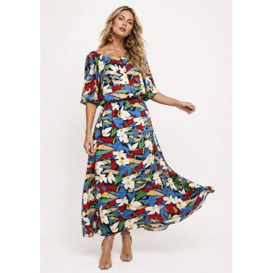 Vestido Midi Viscose Ciganinha com Lapela Estampa Floresce