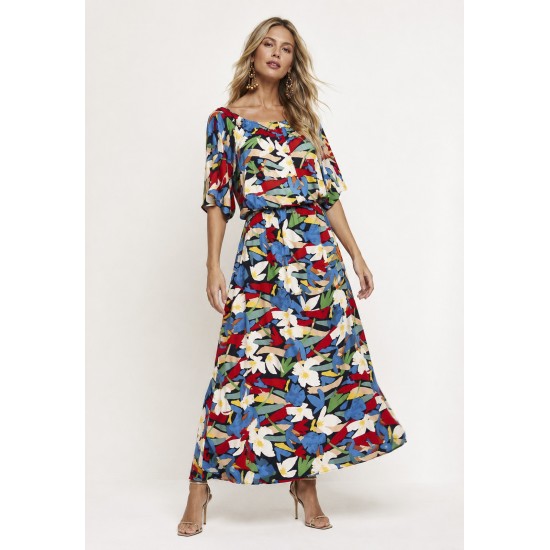 Vestido Midi Viscose Ciganinha com Lapela Estampa Floresce