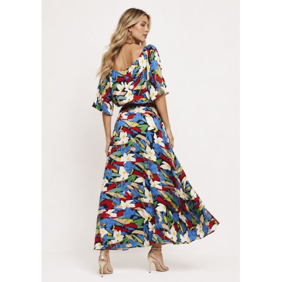 Vestido Midi Viscose Ciganinha com Lapela Estampa Floresce