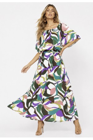Vestido Midi Viscose Ciganinha com Lapela Estampa Encanto Botânico