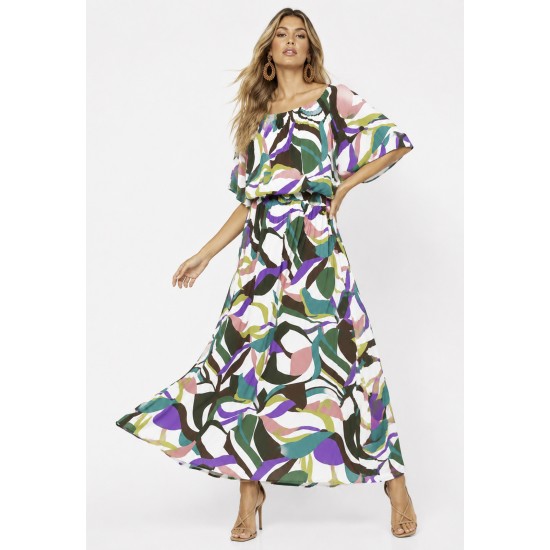 Vestido Midi Viscose Ciganinha com Lapela Estampa Encanto Botânico