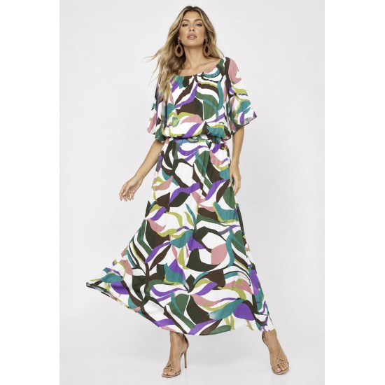 Vestido Midi Viscose Ciganinha com Lapela Estampa Encanto Botânico