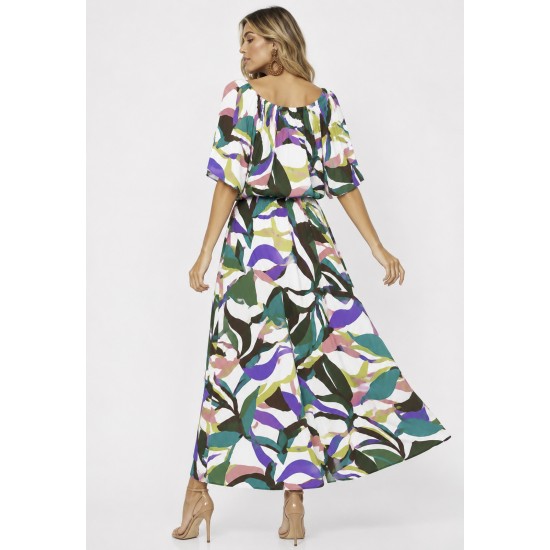Vestido Midi Viscose Ciganinha com Lapela Estampa Encanto Botânico