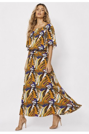 Vestido Midi Viscose Ciganinha com Lapela Estampa Cores Vibrante