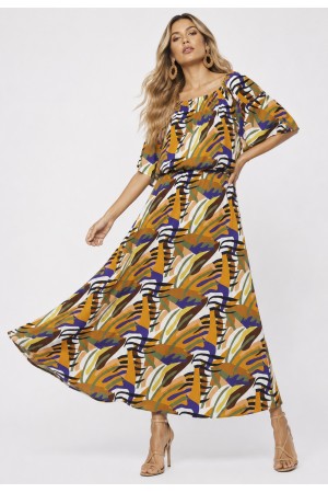 Vestido Midi Viscose Ciganinha com Lapela Estampa Cores Vibrante